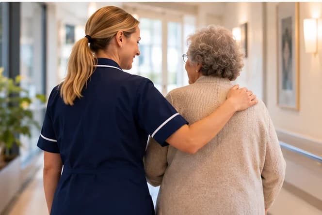 A care professional supporting an older person.